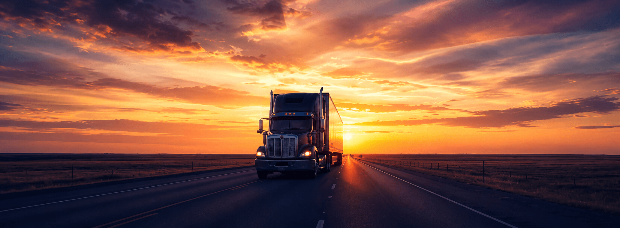 Professional truck driver on the American highway at sunset