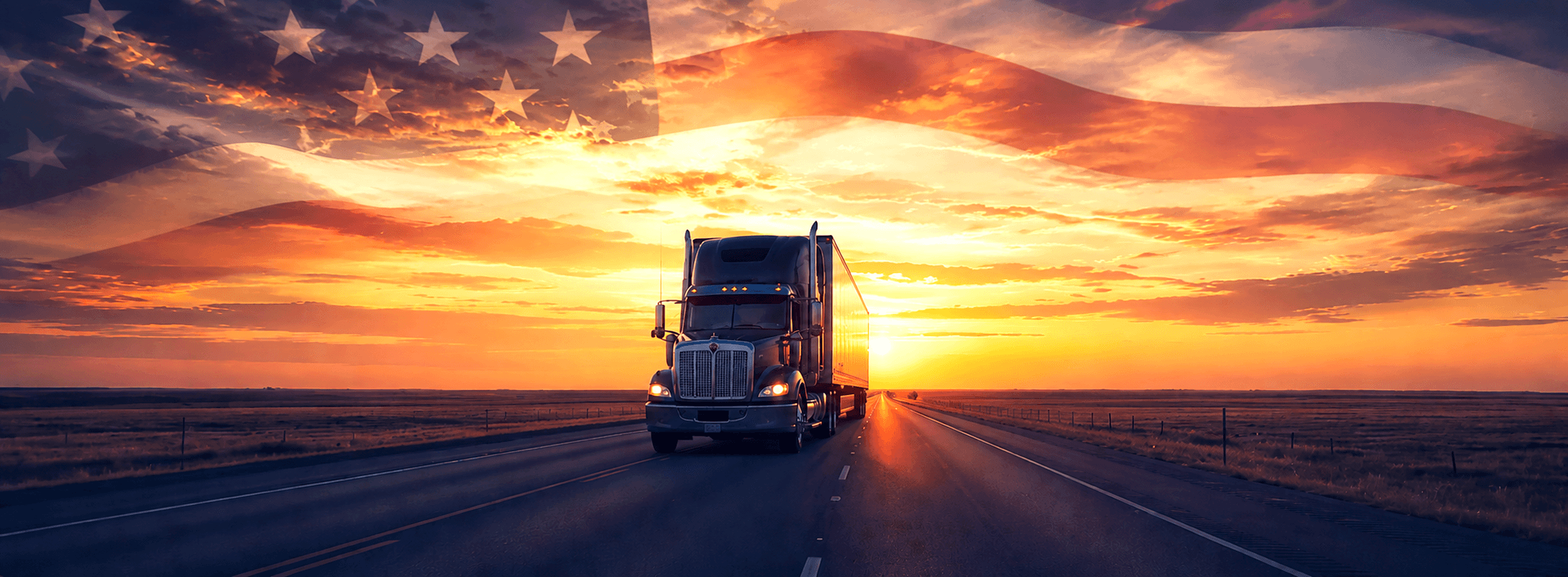 Professional truck driver on the American highway at sunset